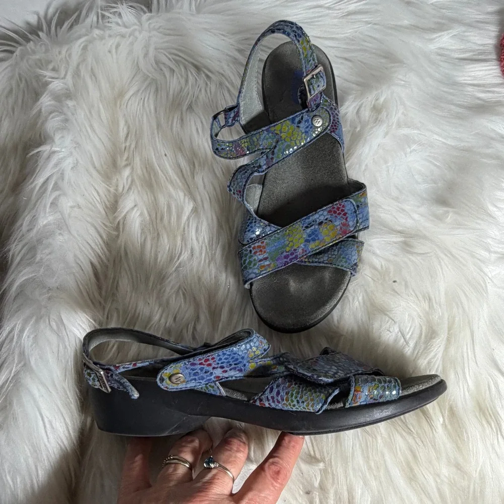 Wolky‎ Jewel Blue Multi Snakeskin Leather Walking Sandals Womens 41 Adjustable